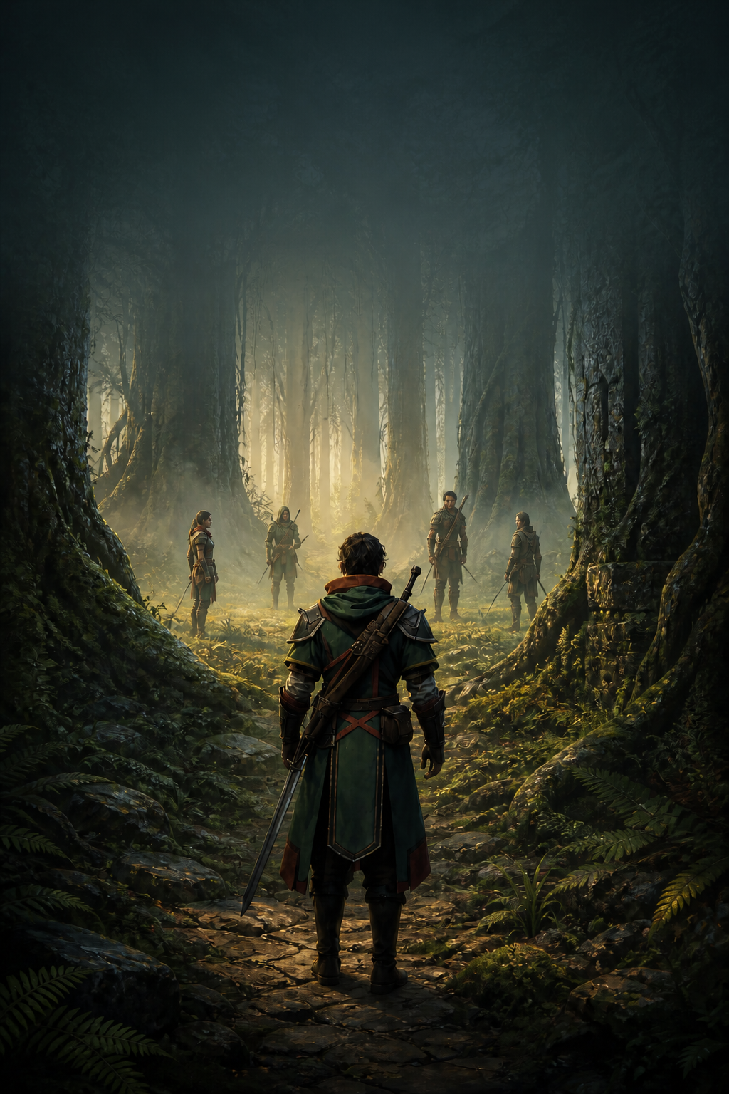 New Browse artwork showing a survivor meeting four adventurers in an ancient forest
