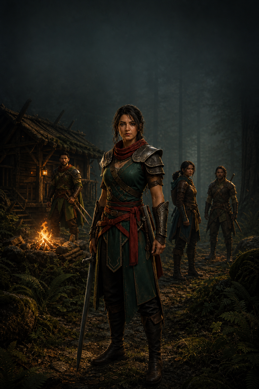 New Host artwork showing a female party leader beside a forest outpost