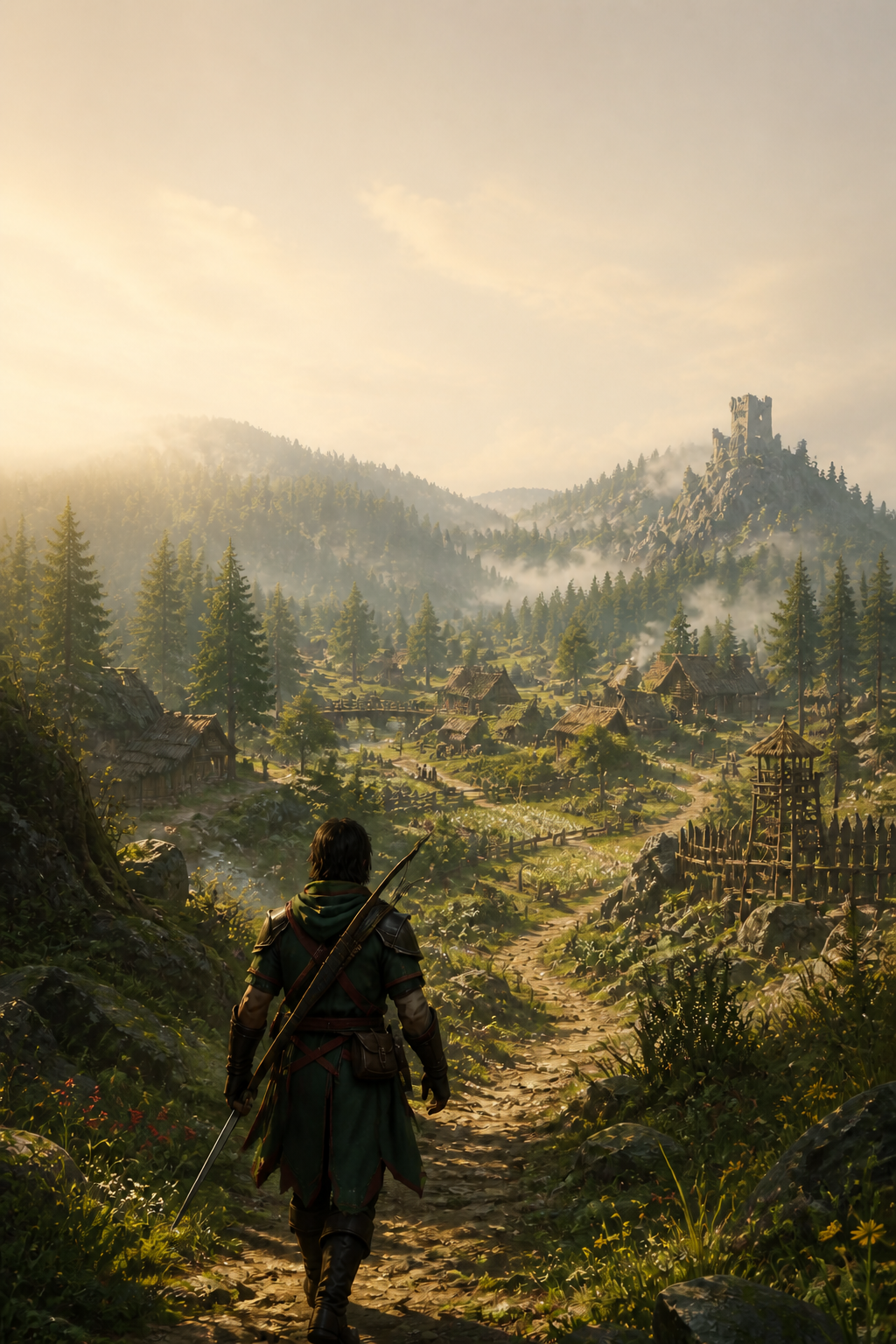 New Play artwork showing an adventurer overlooking a rugged valley settlement